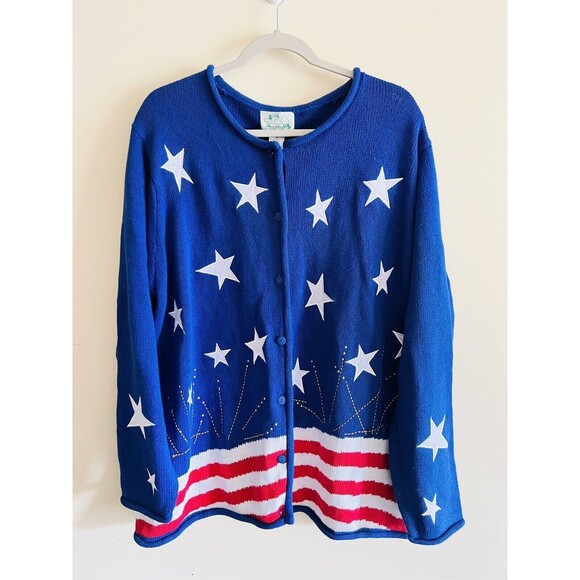 NWT Quacker‎ Factory QVC Cardigan Sweater Plus 1X USA Patriotic Fireworks VTG - Picture 1 of 4